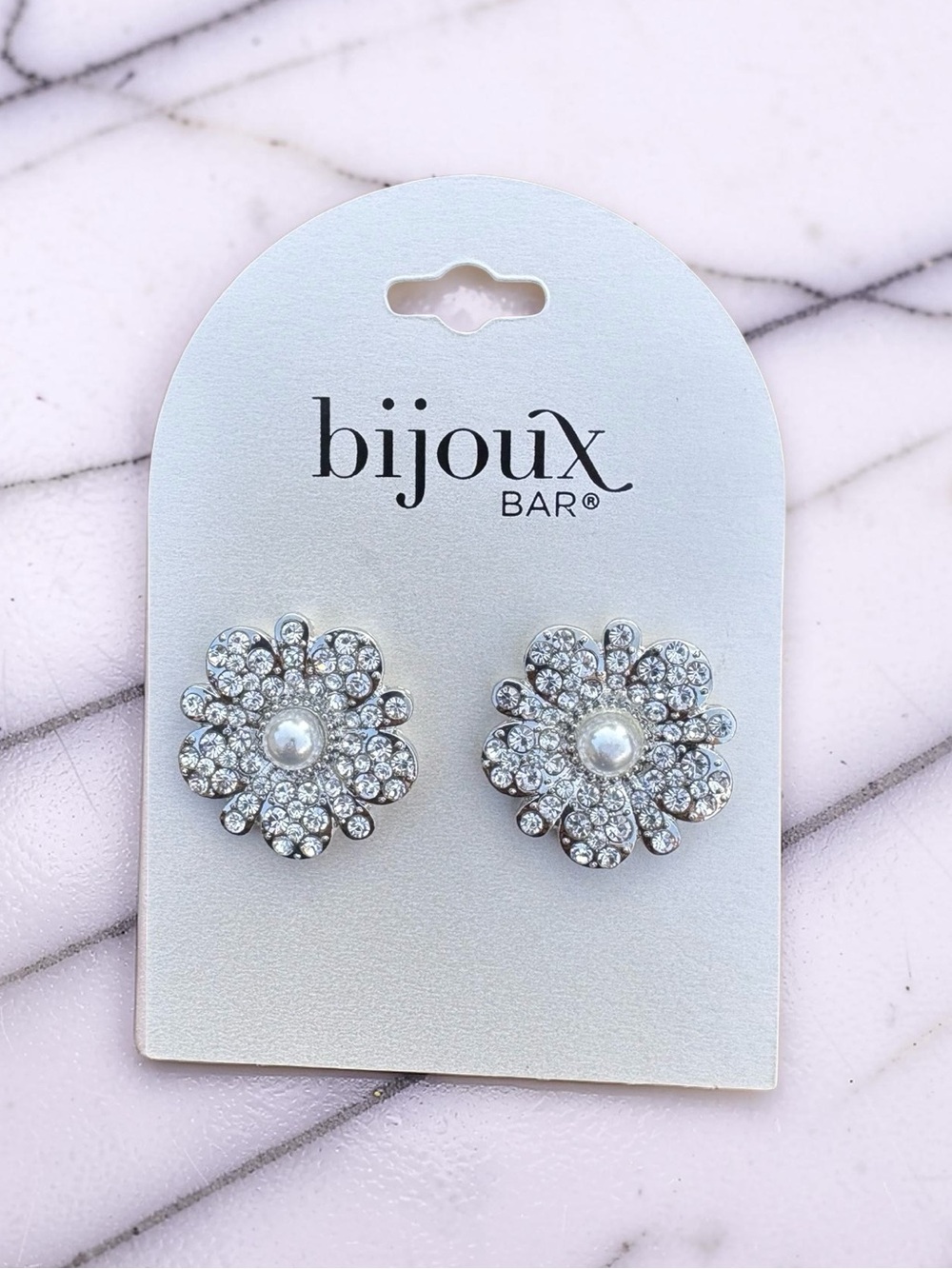 Bijoux Bar Silver Crystal & Pearl Flower Stud Earrings
